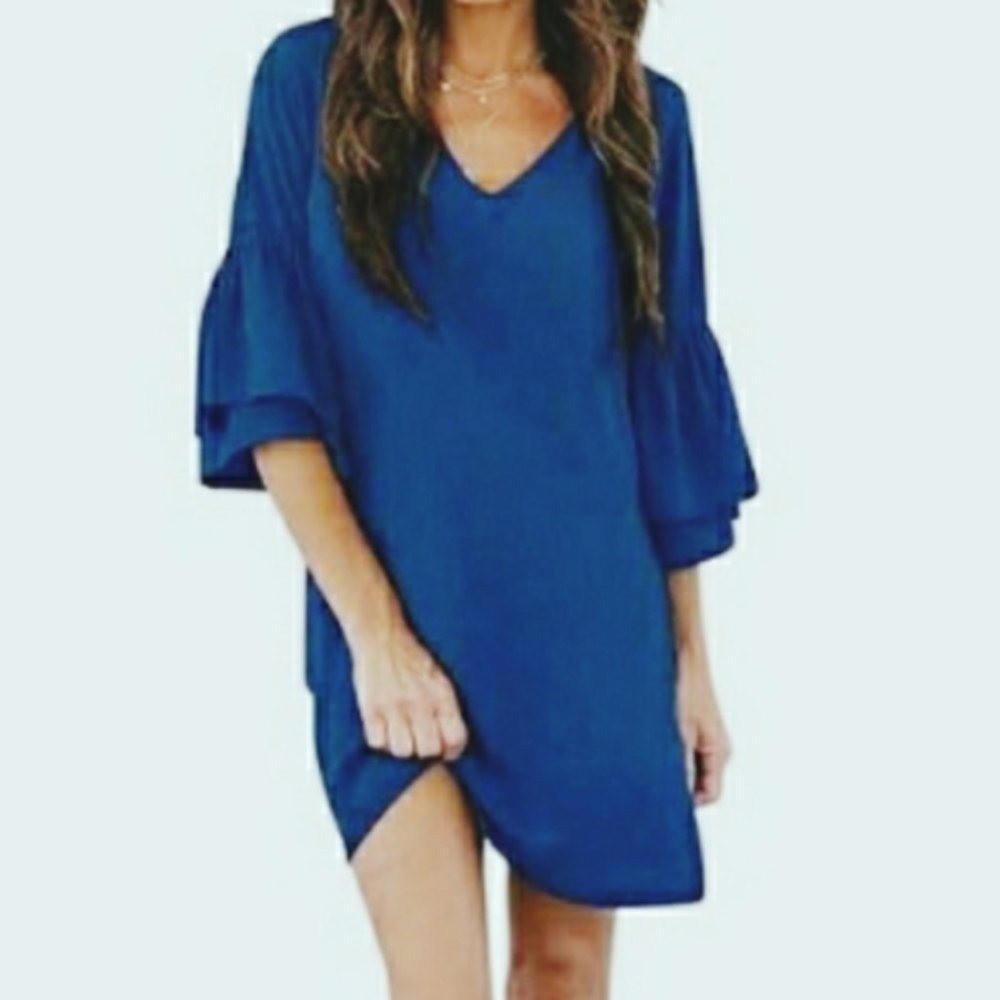 Belongsci Shift Dress Women XS Blue Tiered Bell Sleeve‎ V-Neck Mini 8817#